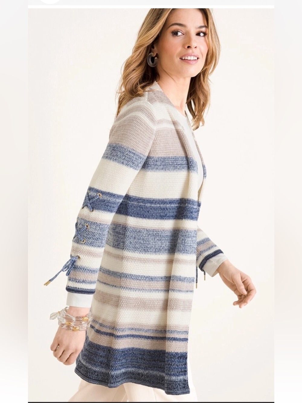 CHICO'S Lightweight Open Front Cardigan Lace-Up Sleeves Size XL‎